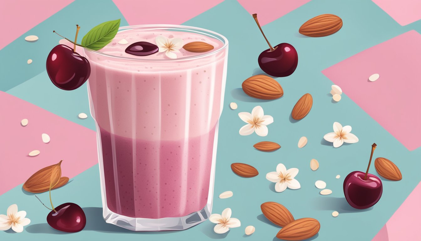 A glass filled with a creamy, pink smoothie topped with sliced almonds and a cherry. Ingredients including cherries, almonds, and vanilla beans scattered around