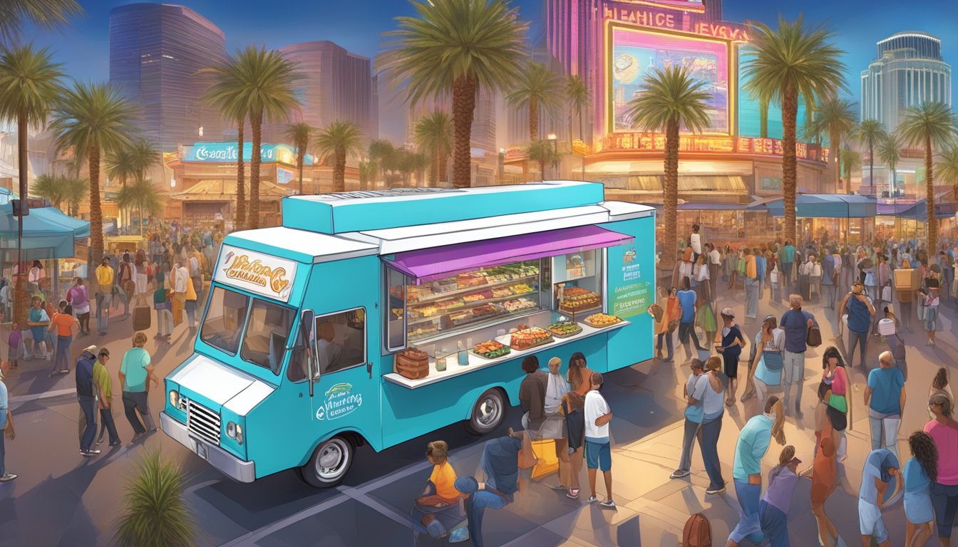 A food truck parked on a bustling Las Vegas street, surrounded by colorful signage and bustling crowds, with city regulations displayed nearby