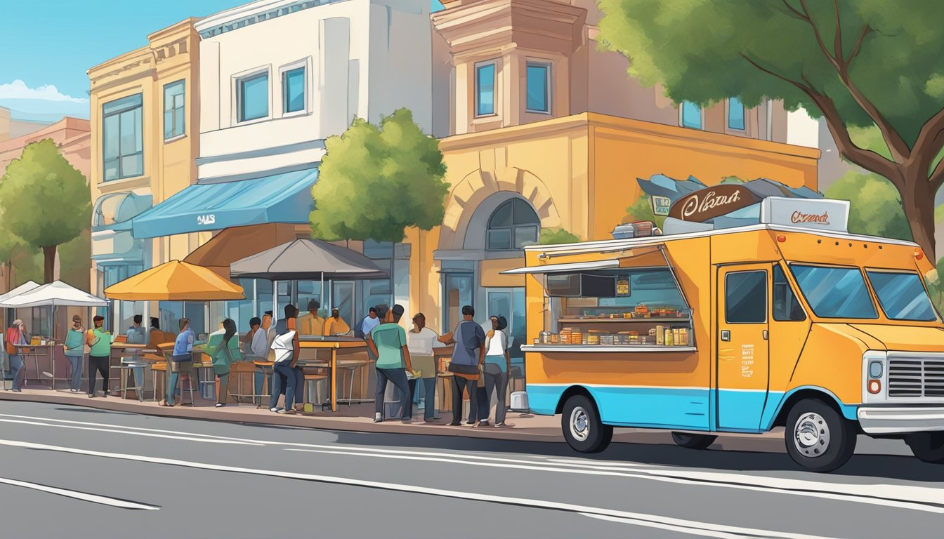 A food truck parked on a bustling street in Fremont, California, with a line of customers waiting to order. Surrounding buildings and trees create a lively urban backdrop