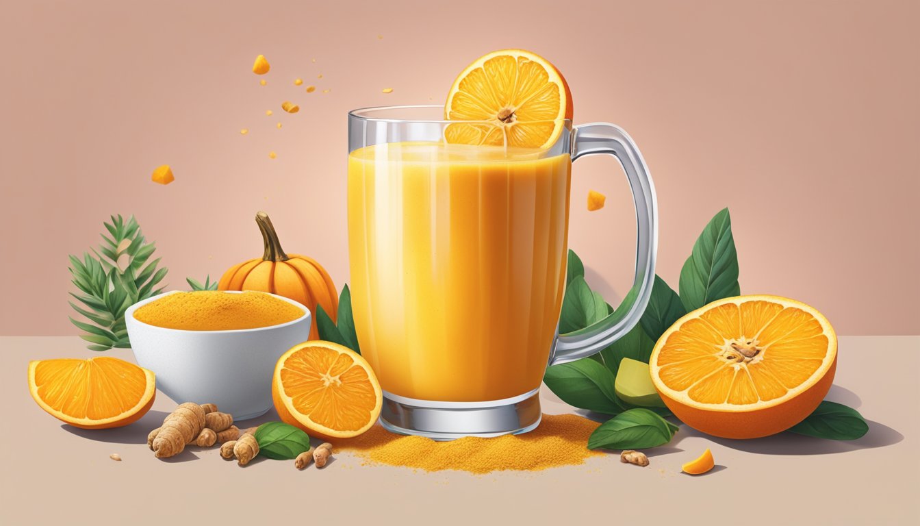 A vibrant orange smoothie being poured into a glass, surrounded by fresh turmeric, pumpkin, and other lactose-free ingredients