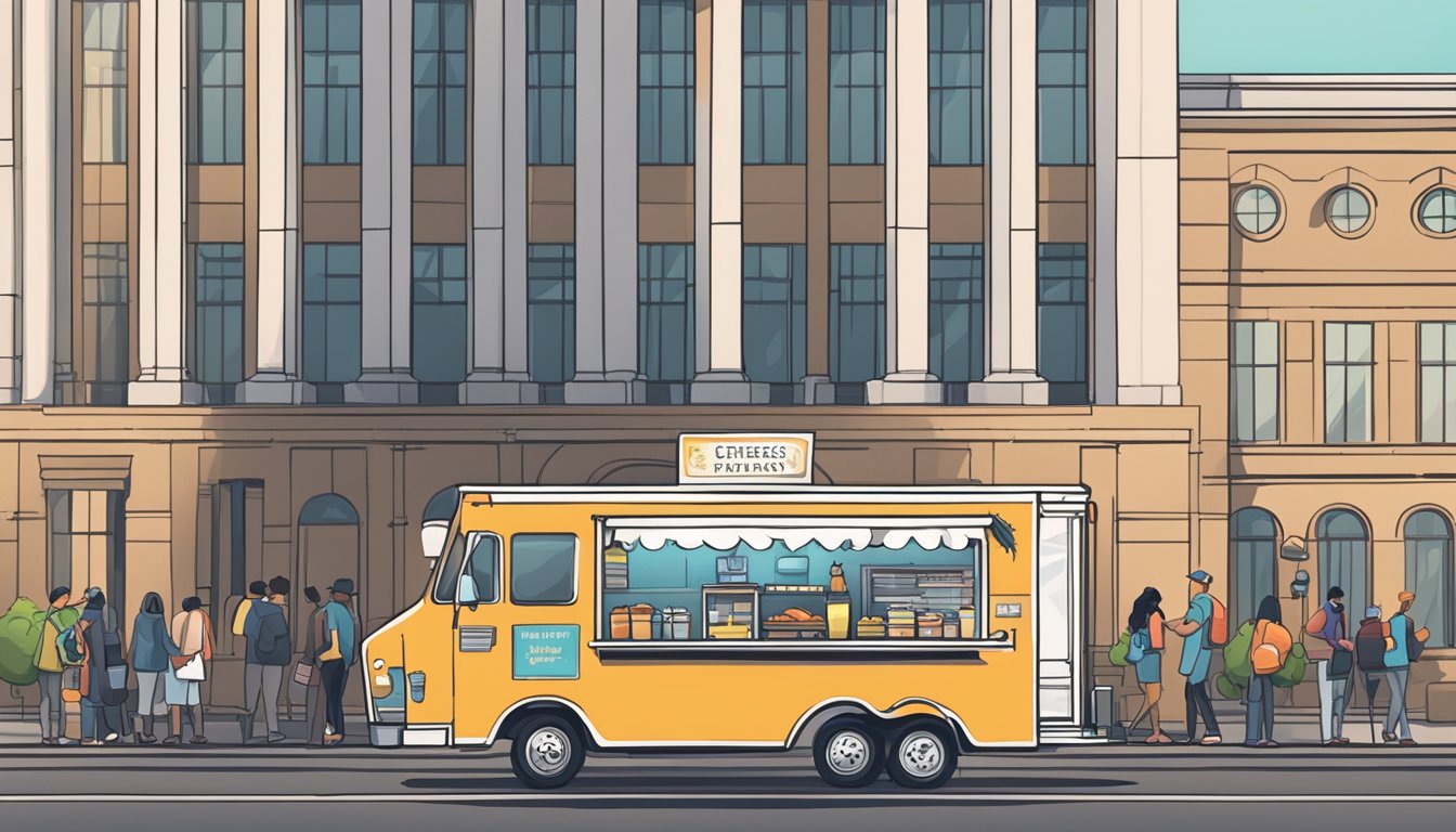 A food truck parked in front of a government building, with a line of vendors waiting to submit paperwork. Signs display licensing information