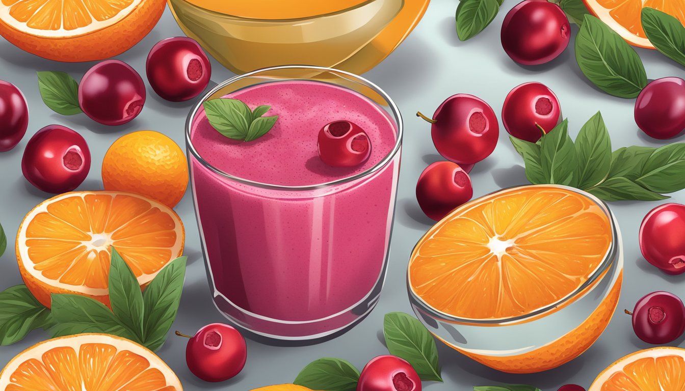 A glass filled with a vibrant cranberry orange zest smoothie, surrounded by fresh cranberries and oranges