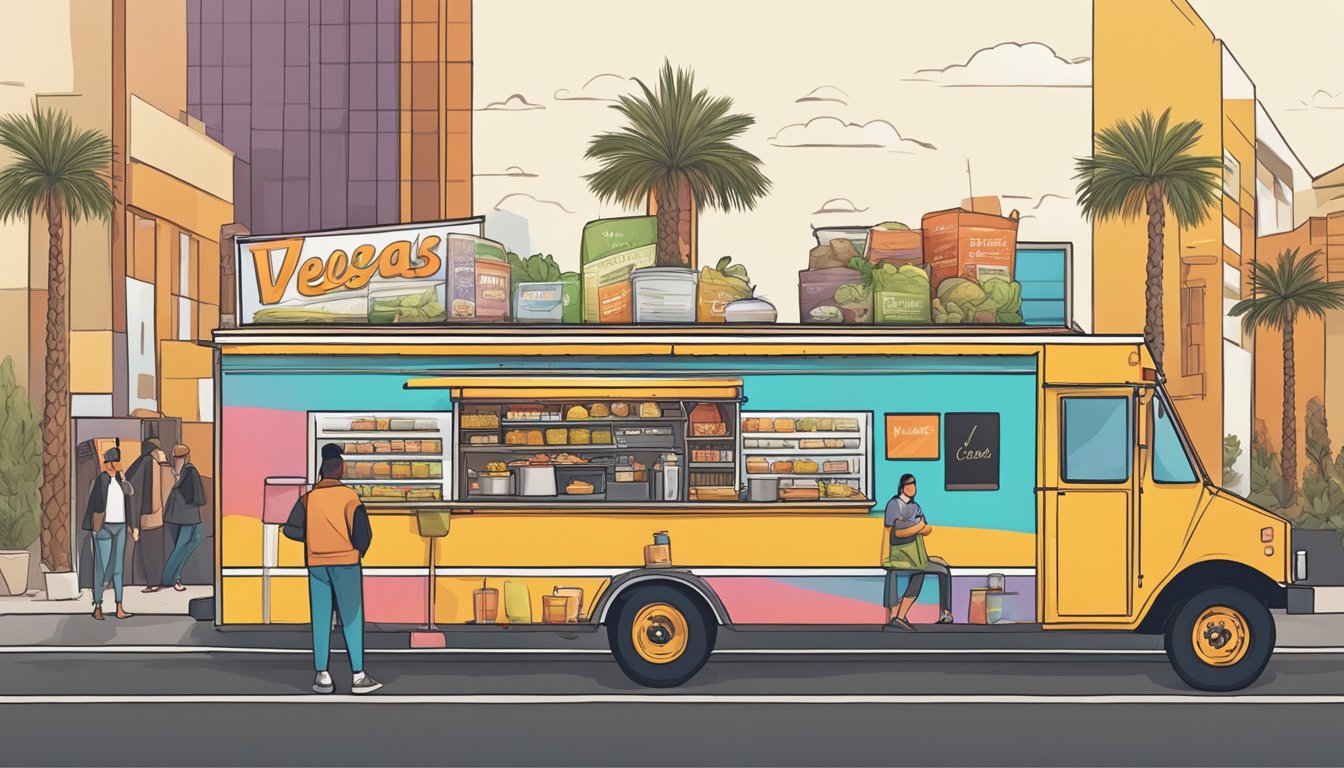 A food truck parked on a bustling street in Las Vegas, Nevada, with a line of customers waiting to order. The truck displays a menu and follows local food truck laws