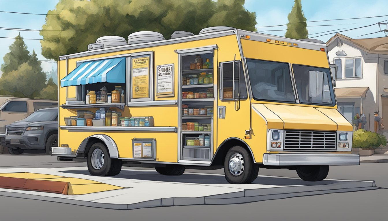 A food truck parked in Fremont, California, displaying health, safety, and sanitation regulations prominently