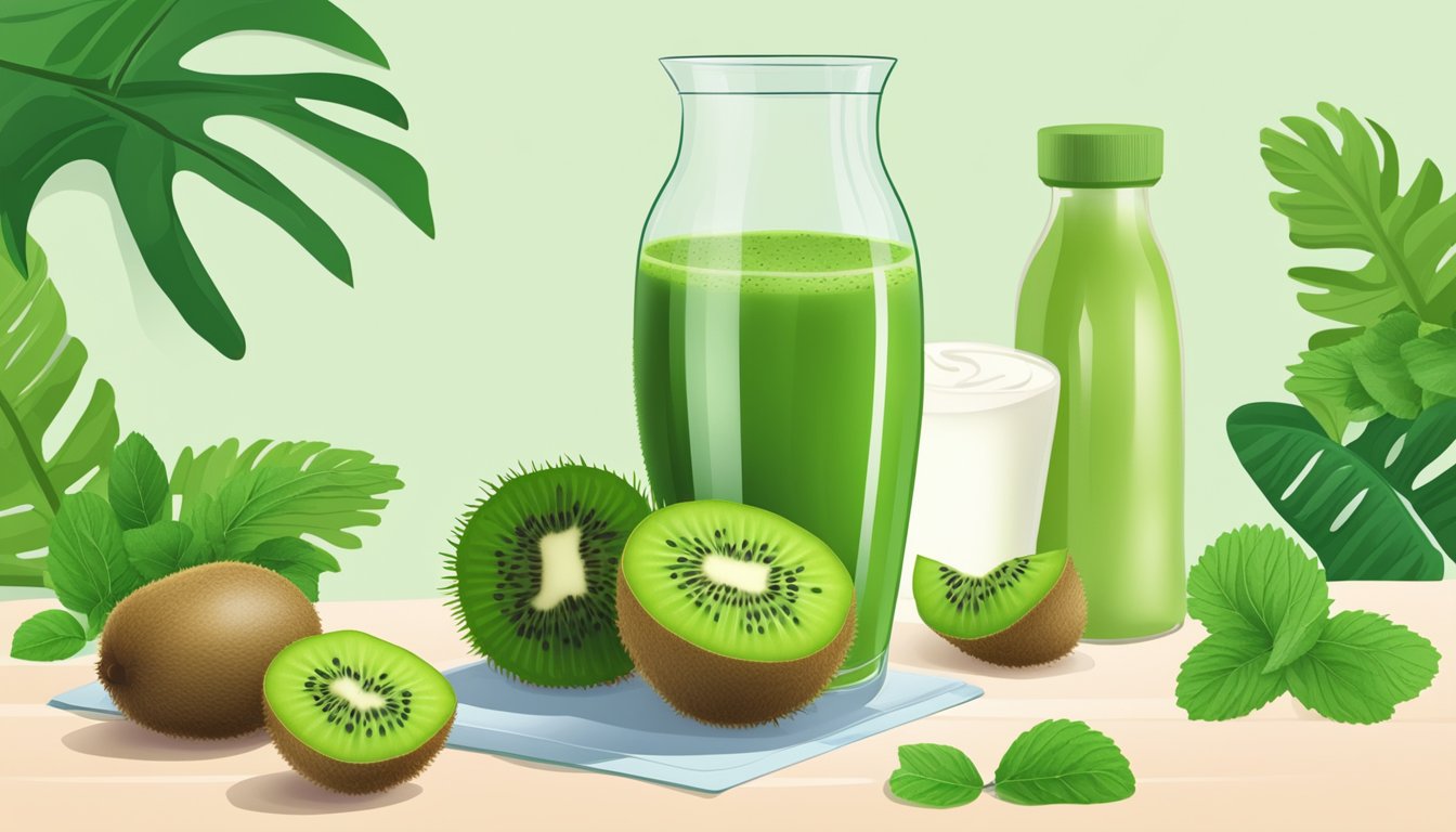 A glass filled with kiwi, mint leaves, and a creamy green smoothie, surrounded by fresh fruits and a bottle of lactose-free milk