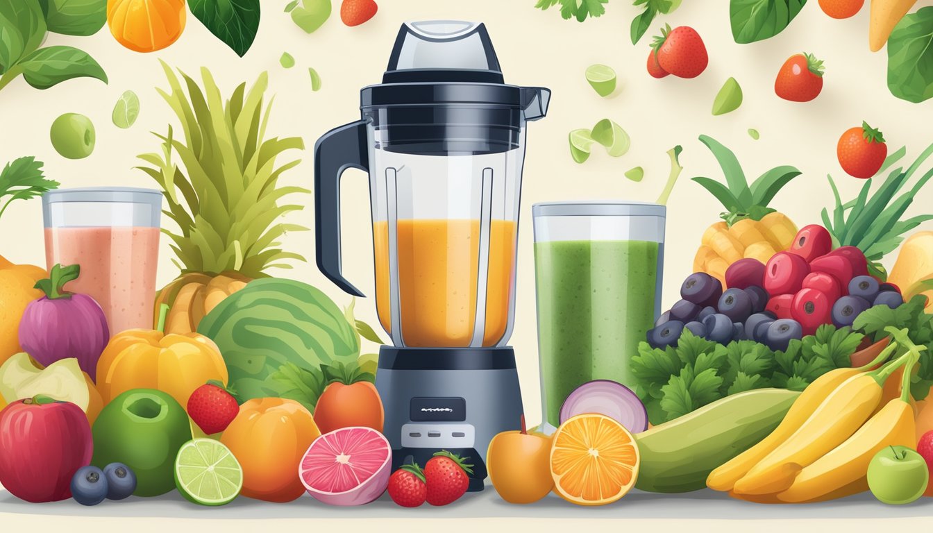 A colorful array of fresh fruits and vegetables, a blender, and a glass filled with a creamy, lactose-free smoothie surrounded by nutritional labels and ingredients