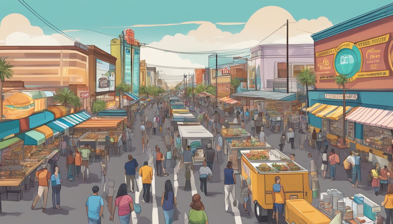 A bustling Fremont street with food trucks lined up, following operational guidelines in compliance with Fremont food truck laws