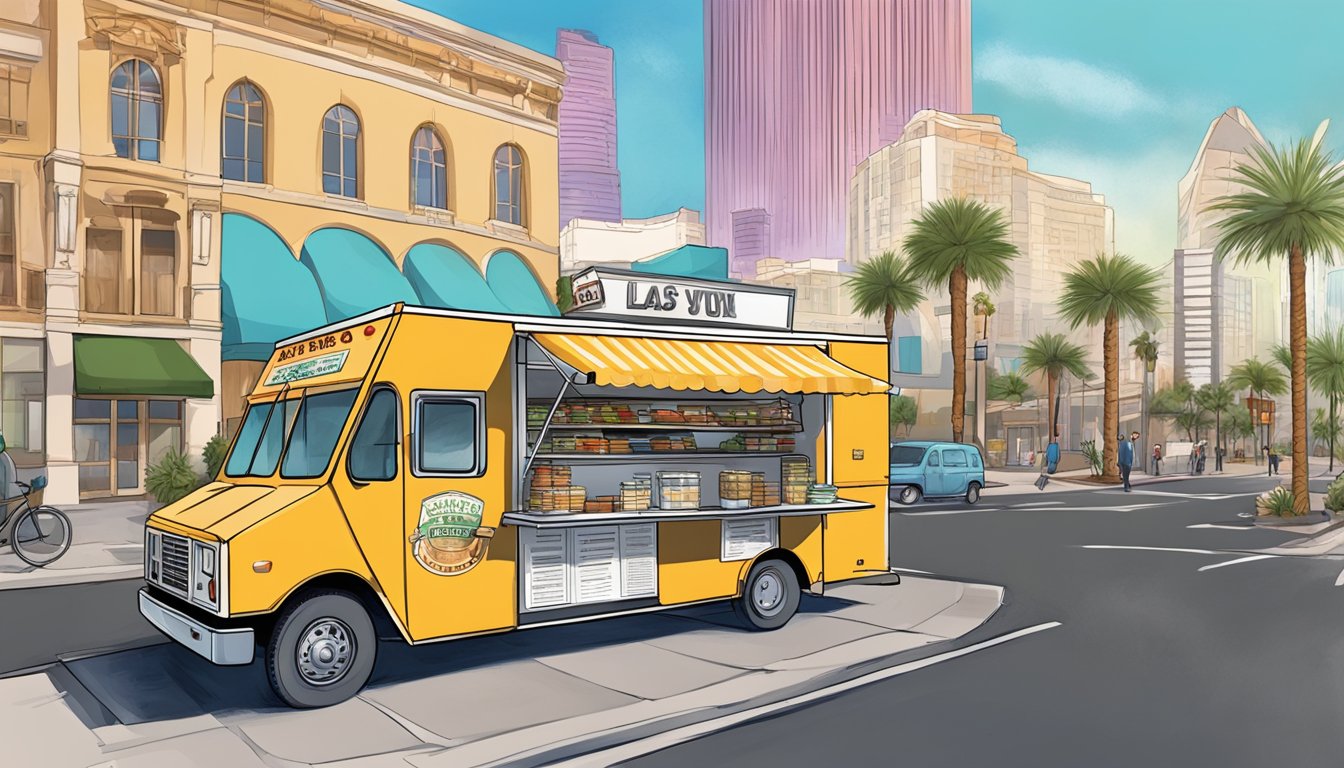 A food truck parked on a bustling Las Vegas street, with a city ordinance sign posted nearby. The owner reviews financial management documents inside