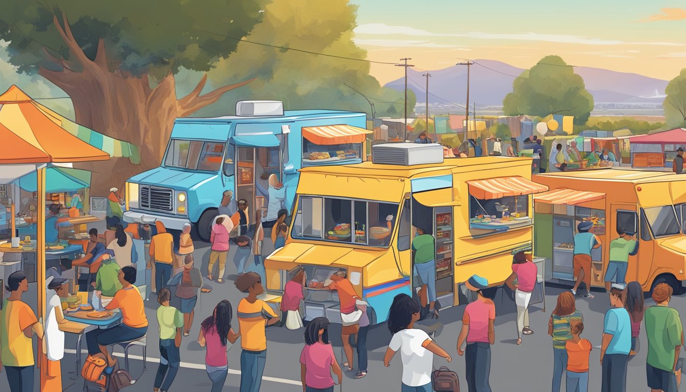 A bustling food truck park in Fremont, California, with colorful trucks, eager customers, and lively music