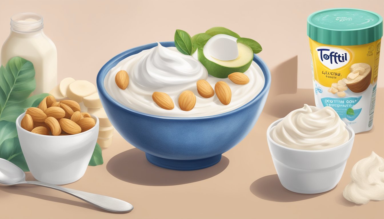 A bowl of Tofutti Better Than Sour Cream next to various lactose-free alternatives like cashew cream and coconut yogurt