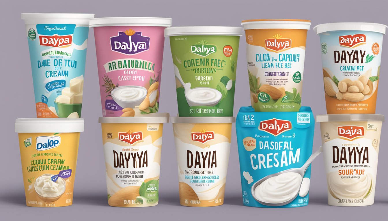 A dollop of Daiya Dairy-Free Sour Cream sits next to a variety of lactose-free alternatives, including coconut-based, cashew-based, and tofu-based options