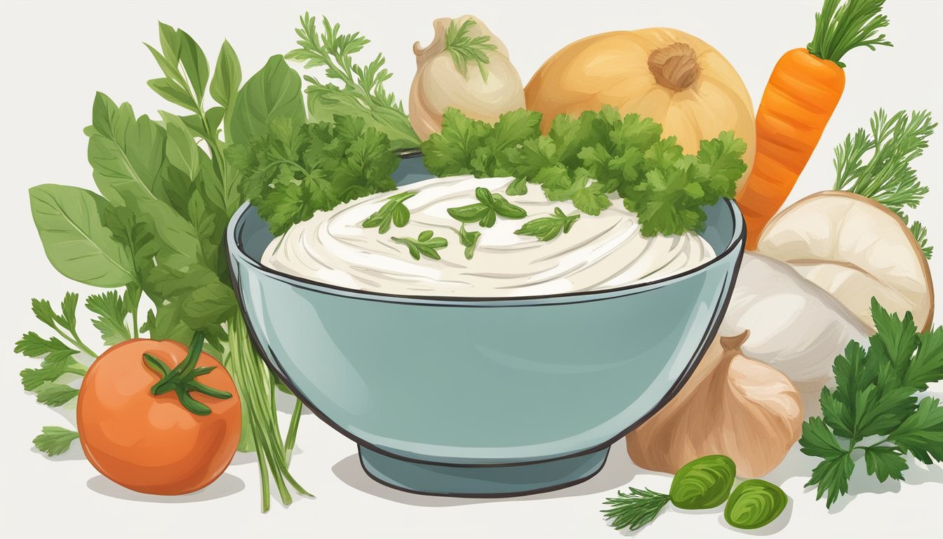 A bowl of dairy-free sour cream alternatives surrounded by fresh herbs and vegetables