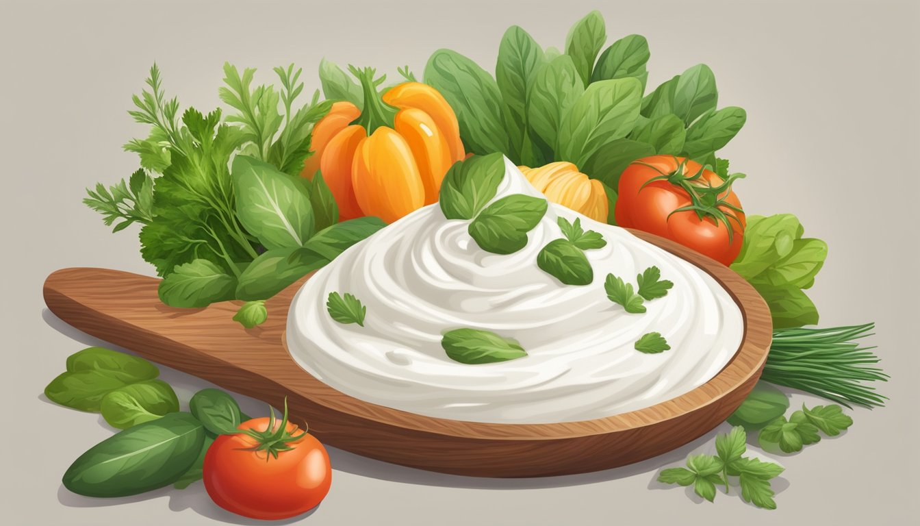 A dollop of dairy-free sour cream sits on a wooden spoon, surrounded by fresh herbs and vegetables