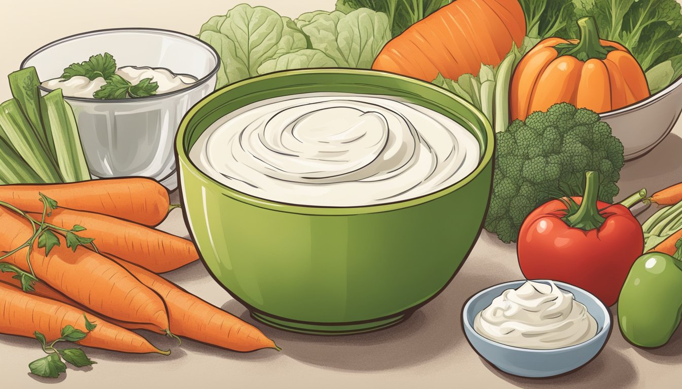 A spread of lactose-free sour cream alternatives next to a bowl of fresh vegetables