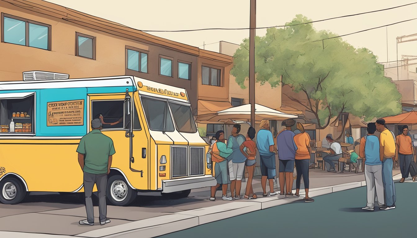 A food truck parked on a busy street in Tempe, Arizona, with a sign displaying the city's food truck regulations and a city official conducting an inspection