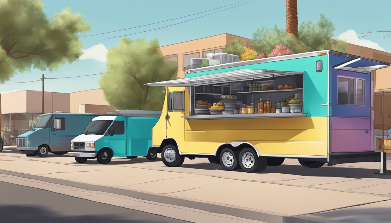 A food truck parked in a designated operating location in Tempe, Arizona, with zoning laws signage displayed nearby