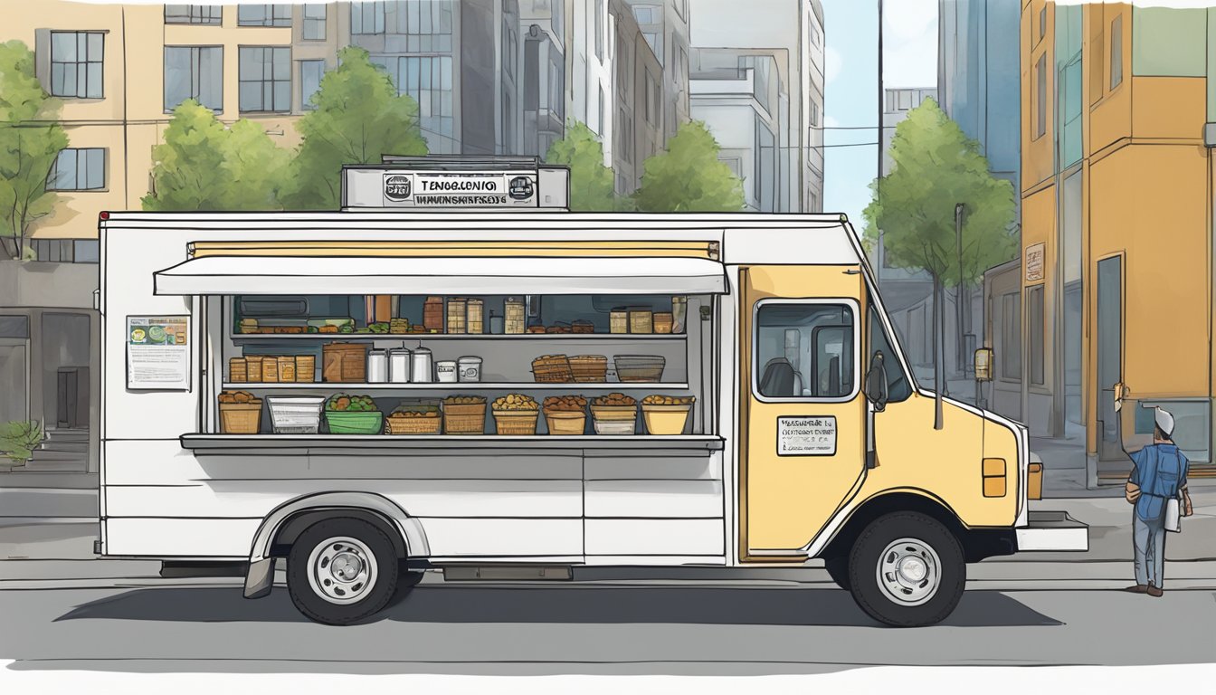 A food truck parked on a city street, with a sign displaying Tacoma, Washington regulations. A city official inspects the vehicle for compliance