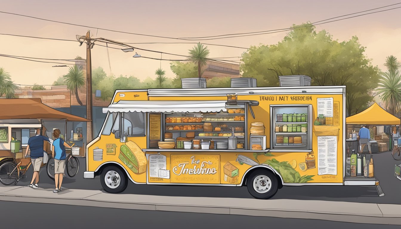 A food truck parked on a bustling street, with a canopy, menu board, and cooking equipment visible. Surrounding signs indicate adherence to Tempe, Arizona's vehicle and equipment standards