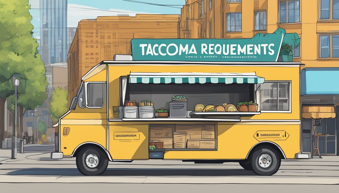 A food truck parked on a city street, with a sign displaying "Licensing Requirements" and the city name "Tacoma, Washington" visible in the background