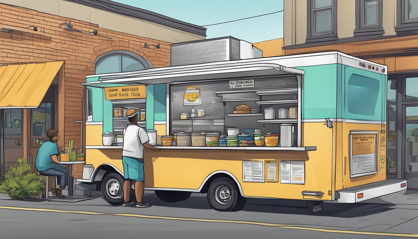 A food truck parked in Tacoma, Washington, with visible health and safety compliance signs and regulations posted