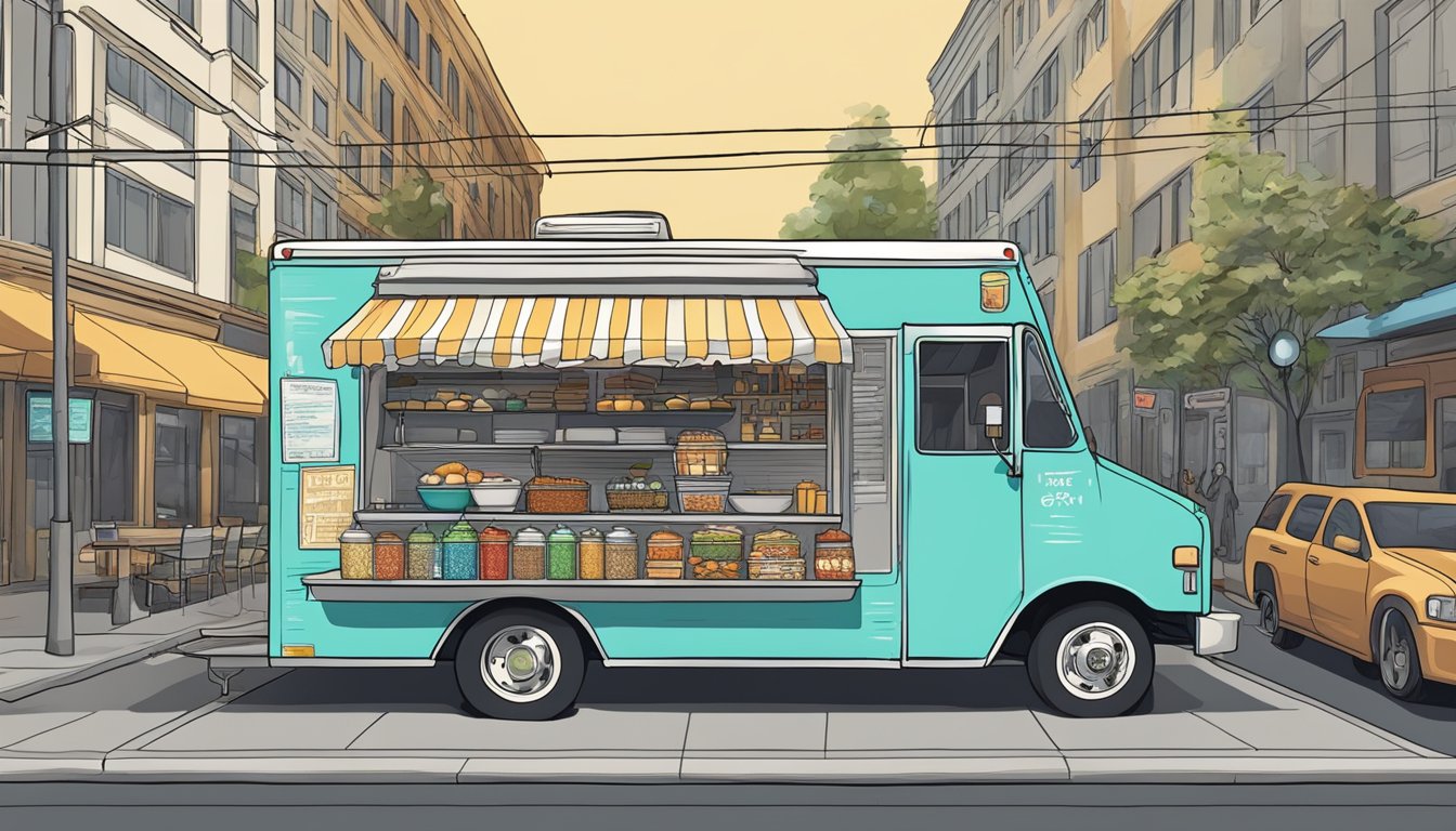 A food truck parked on a city street, surrounded by signs displaying various operational restrictions and laws specific to Tacoma, Washington