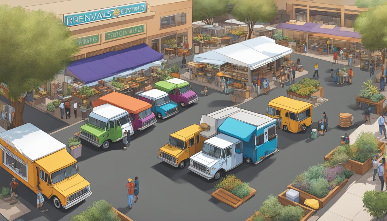 A bustling food truck park in Tempe, Arizona, with colorful trucks serving a variety of cuisines. A sign displays "Renewals and Continuing Education" in the background