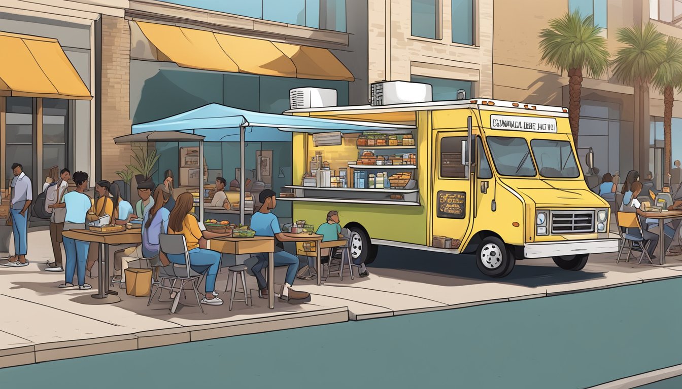 A food truck parked on a bustling street in Tempe, Arizona, with a sign displaying compliance with employee health and labor laws