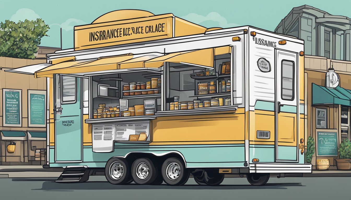 A food truck parked in Tacoma, Washington, with signage displaying insurance and liability coverage