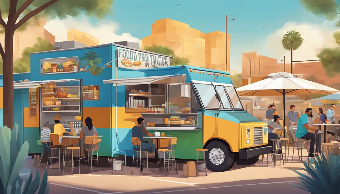 A bustling food truck park in Tempe, Arizona, with diverse cuisines and vibrant signage, showcasing the city's dynamic food truck culture