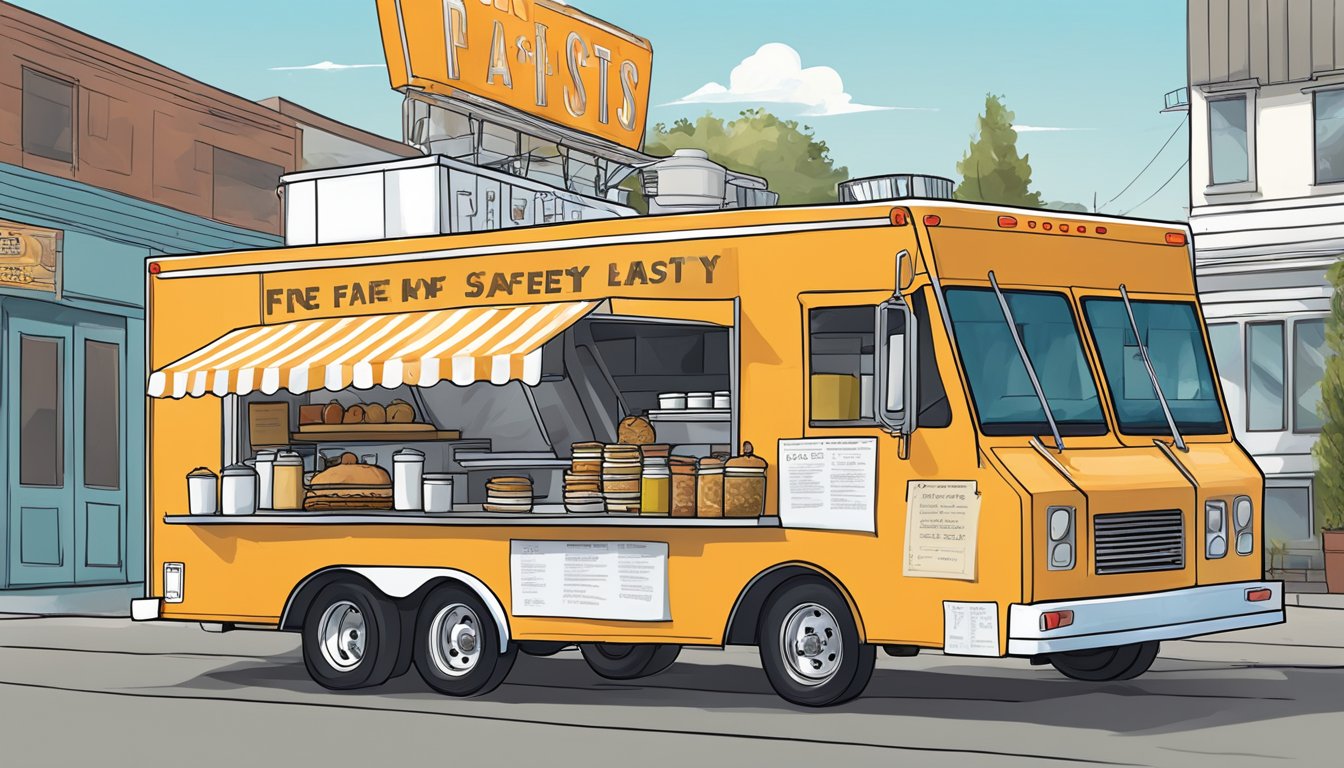 A food truck parked in Tacoma, Washington, displaying fire safety regulations and food laws signage