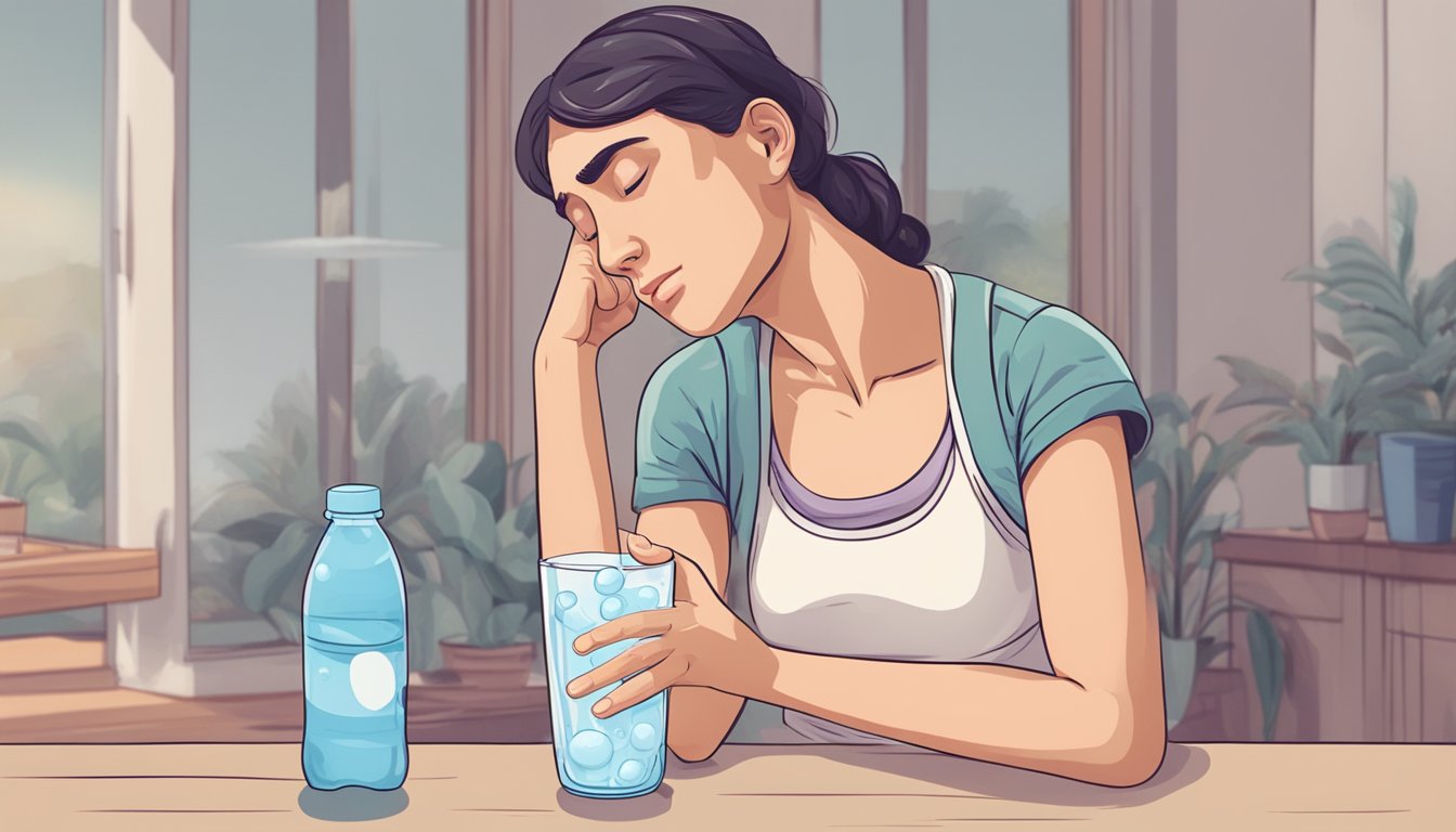 A person clutching their stomach in pain, with a glass of milk and a bottle of water nearby. Sweat beads on their forehead