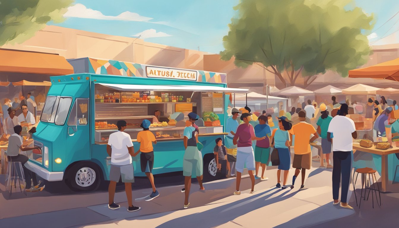 A bustling food truck festival in Tempe, Arizona, with vendors and locals engaging in conversation and enjoying delicious cuisine