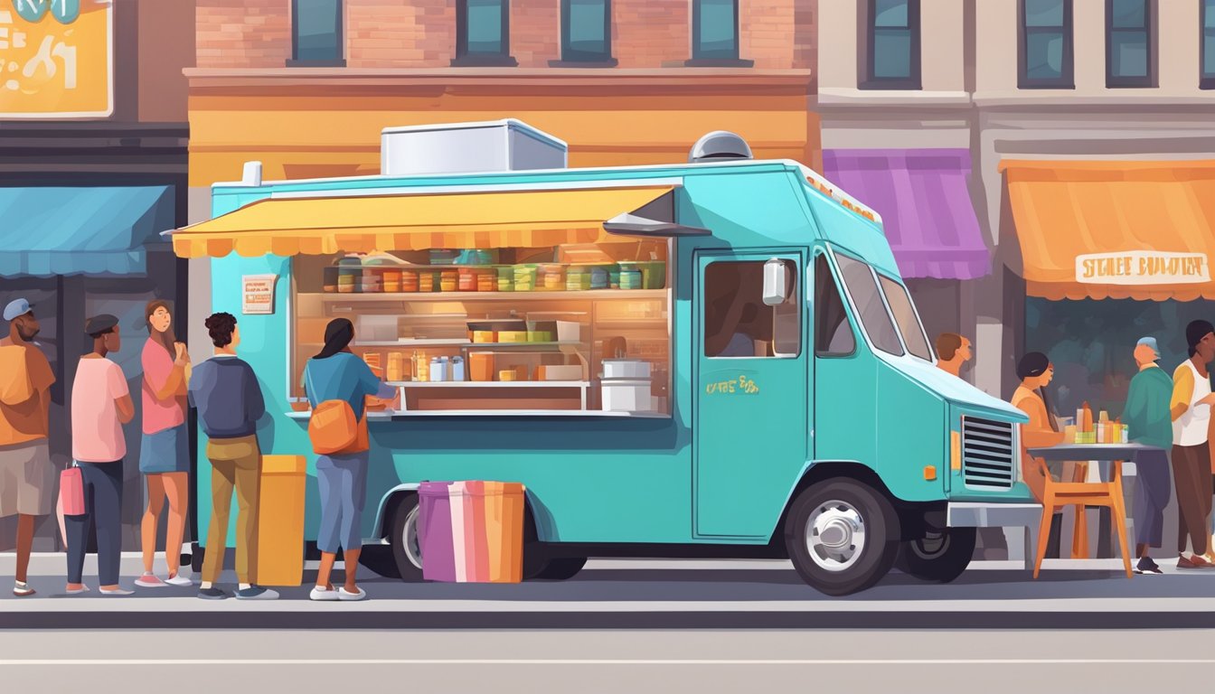 A food truck parked on a busy street, surrounded by colorful signage and advertising, with people lining up to order