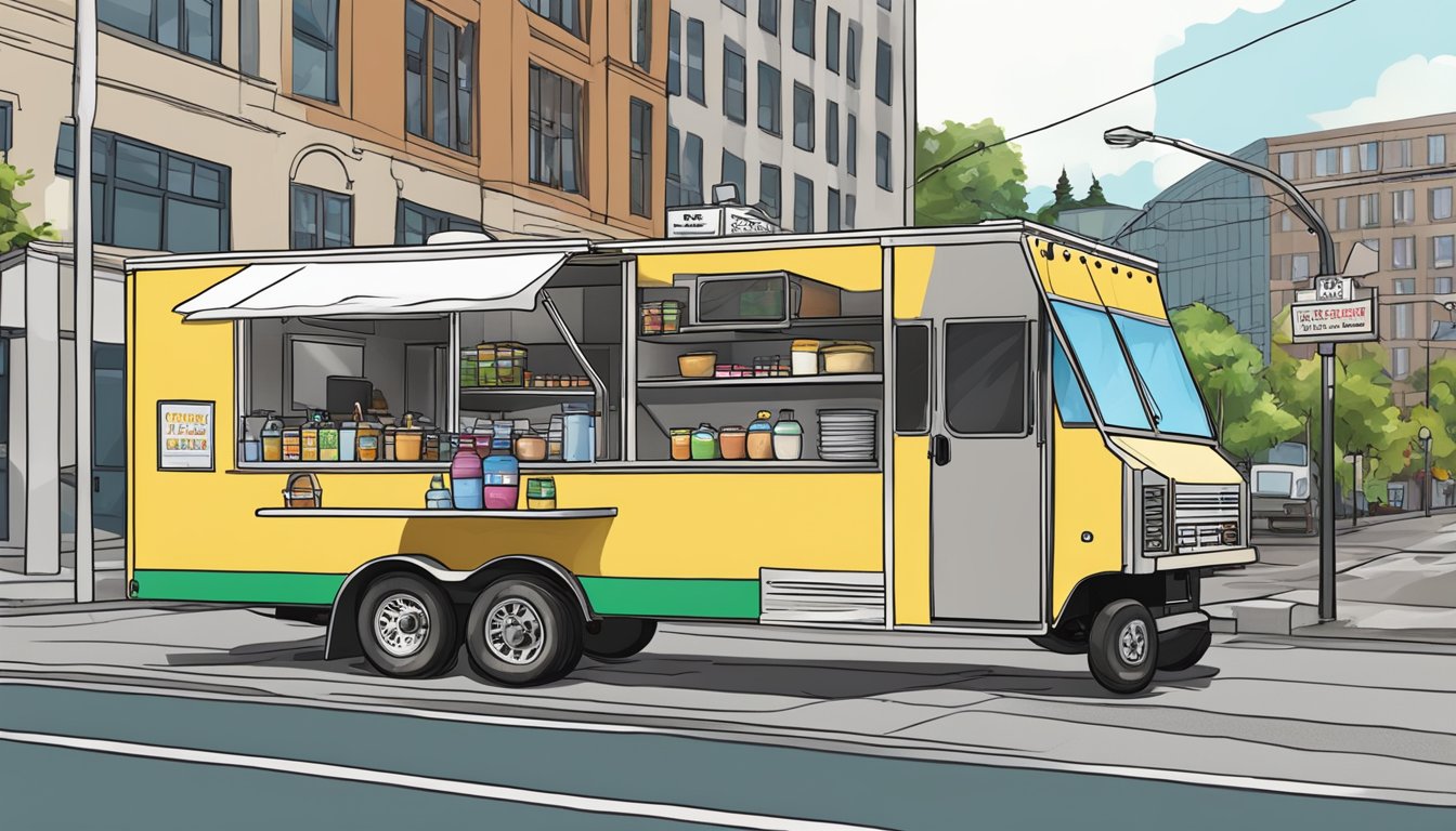 A food truck with a wheelchair ramp and ADA compliant signage parked in downtown Tacoma, Washington