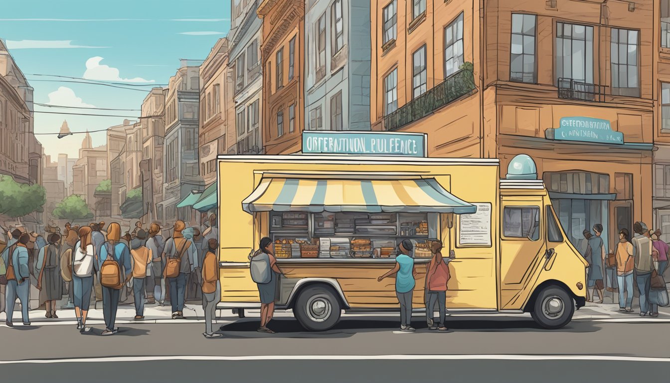 A food truck parked on a city street, surrounded by a bustling crowd. A sign displaying "Operational Guidelines for Food Trucks" is posted on the side of the truck