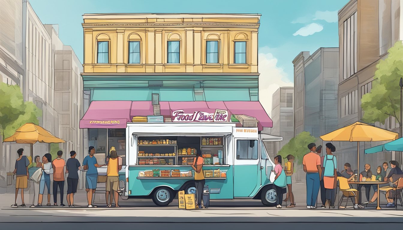 A food truck parked on a city street, surrounded by customers. Signage displays "Food Truck Laws Baton Rouge, Louisiana."