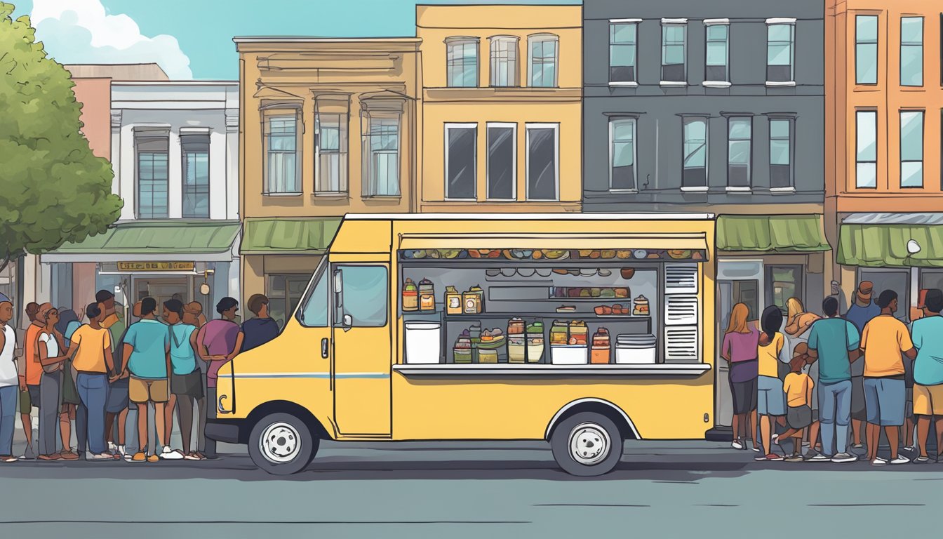 A food truck parked on a bustling street in Baton Rouge, Louisiana, with a line of customers waiting to order. The truck displays clear signage indicating compliance with local food safety and health regulations