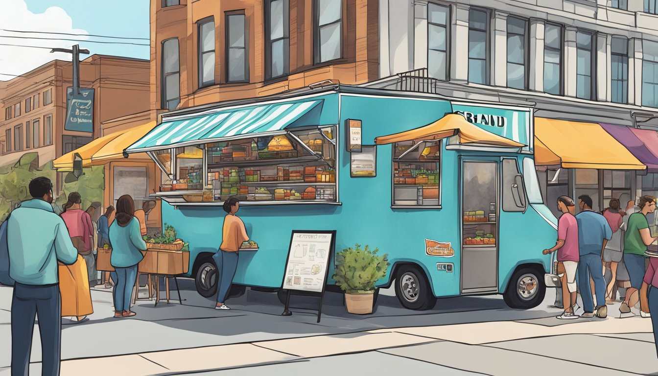 A food truck parked on a city street, surrounded by customers and signage displaying "Grand Rapids, Michigan" food truck laws