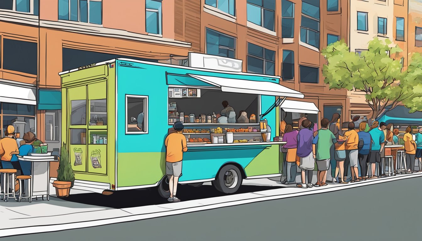 A vibrant food truck parked on a bustling street in Salt Lake City, with a line of customers eagerly waiting to order