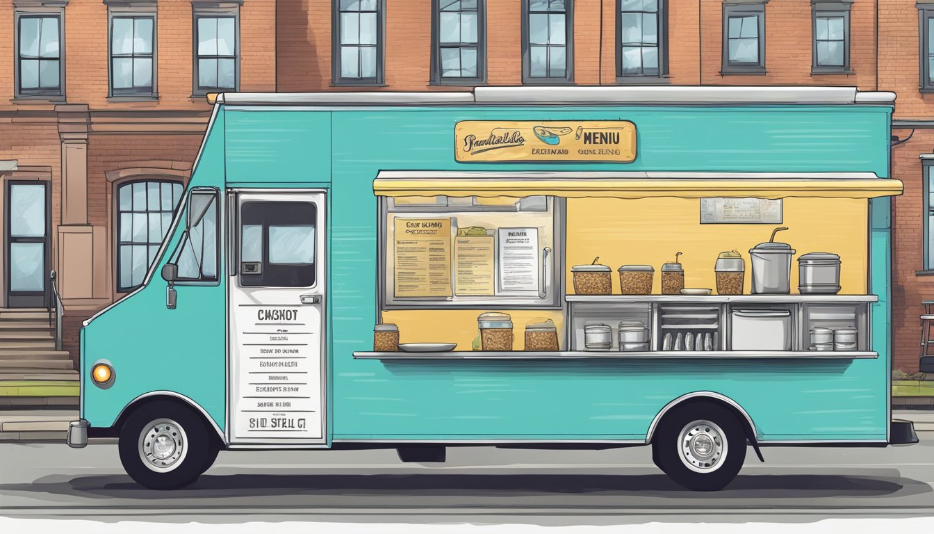 A food truck parked on a street in Fayetteville, North Carolina, with a menu board and operational guidelines displayed