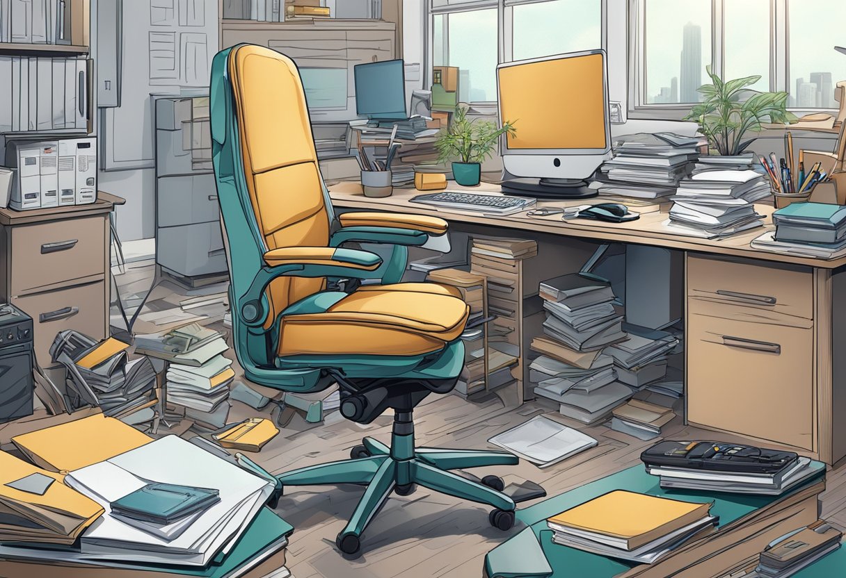 An office chair with hand brakes sits in a cluttered workspace