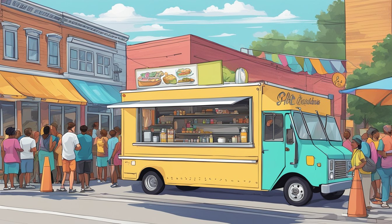 A food truck parked on a bustling street in Fayetteville, North Carolina, with a line of customers waiting to order, surrounded by colorful signage and a lively atmosphere