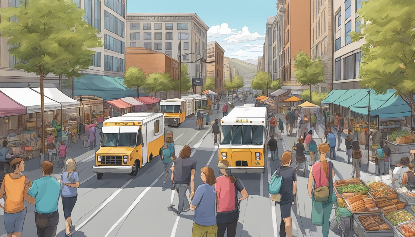 A bustling city street with food trucks parked in designated zones, following the laws and regulations of Salt Lake City, Utah