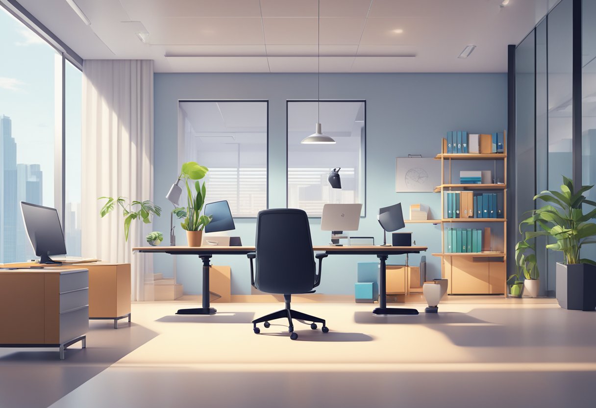 An office chair with hand brakes sits in a modern, well-lit office space, surrounded by a sleek desk and computer equipment