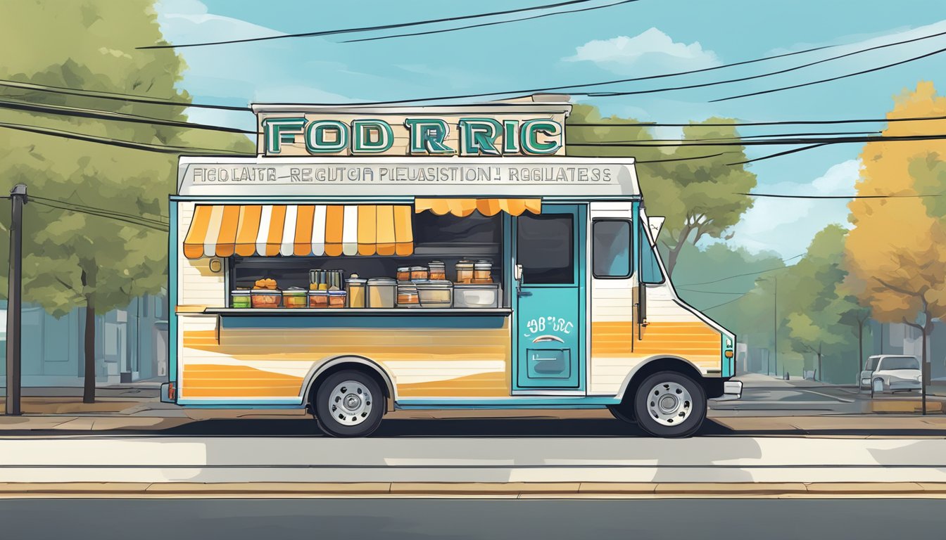 A food truck parked on a street in Fayetteville, North Carolina, with a sign displaying food truck laws and regulations