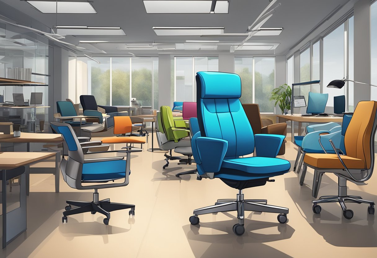 An office chair with hand brakes, surrounded by other types of chairs in a showroom setting