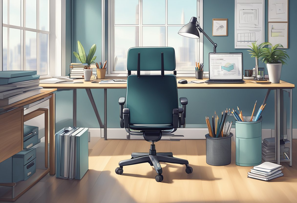 An office chair with hand brakes sits in a modern, well-lit workspace, surrounded by a desk, computer, and other office supplies