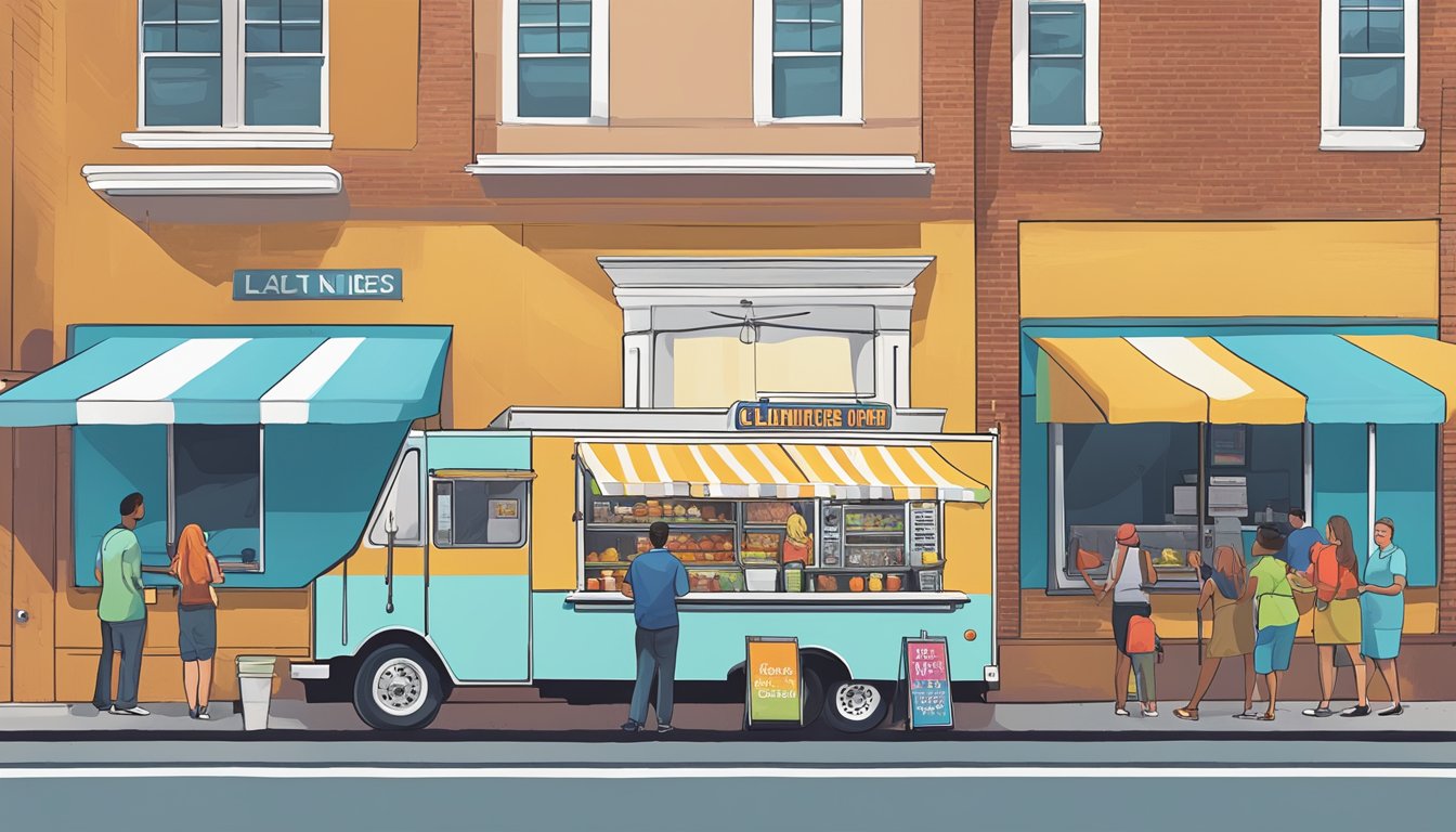 A food truck parked in downtown Fayetteville, NC, with a colorful sign advertising its launch and marketing services. Customers line up for a taste of the diverse cuisine offered