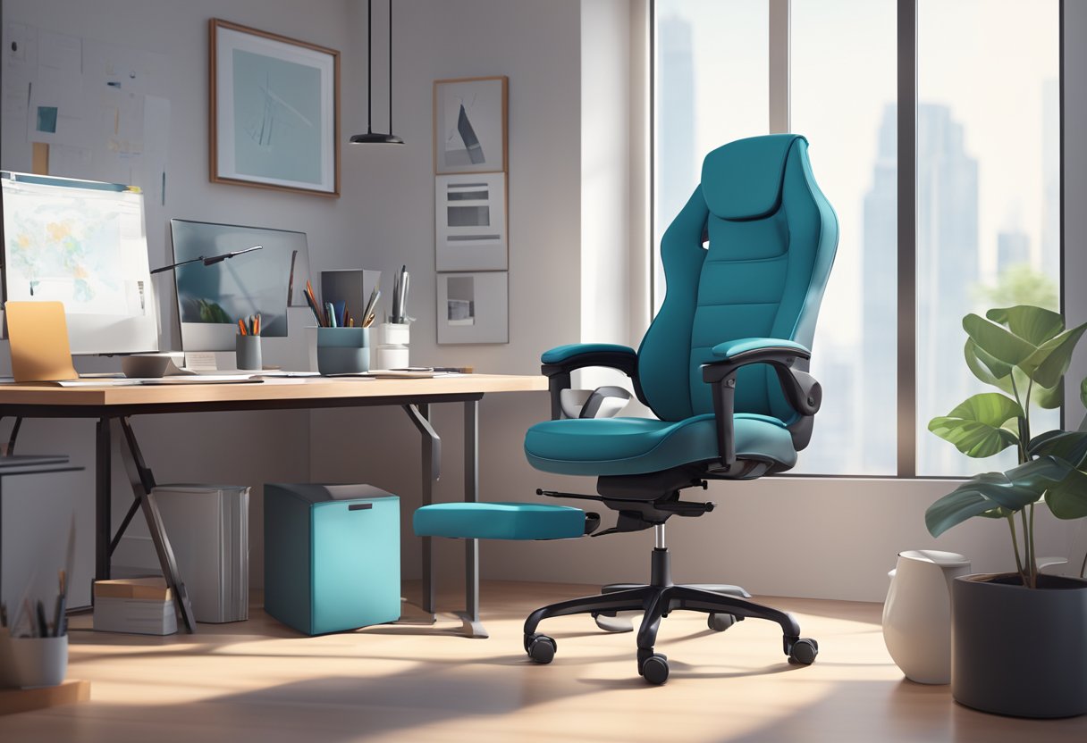 An office chair with hand brakes sits in a modern, well-lit workspace, surrounded by ergonomic accessories and a tidy desk