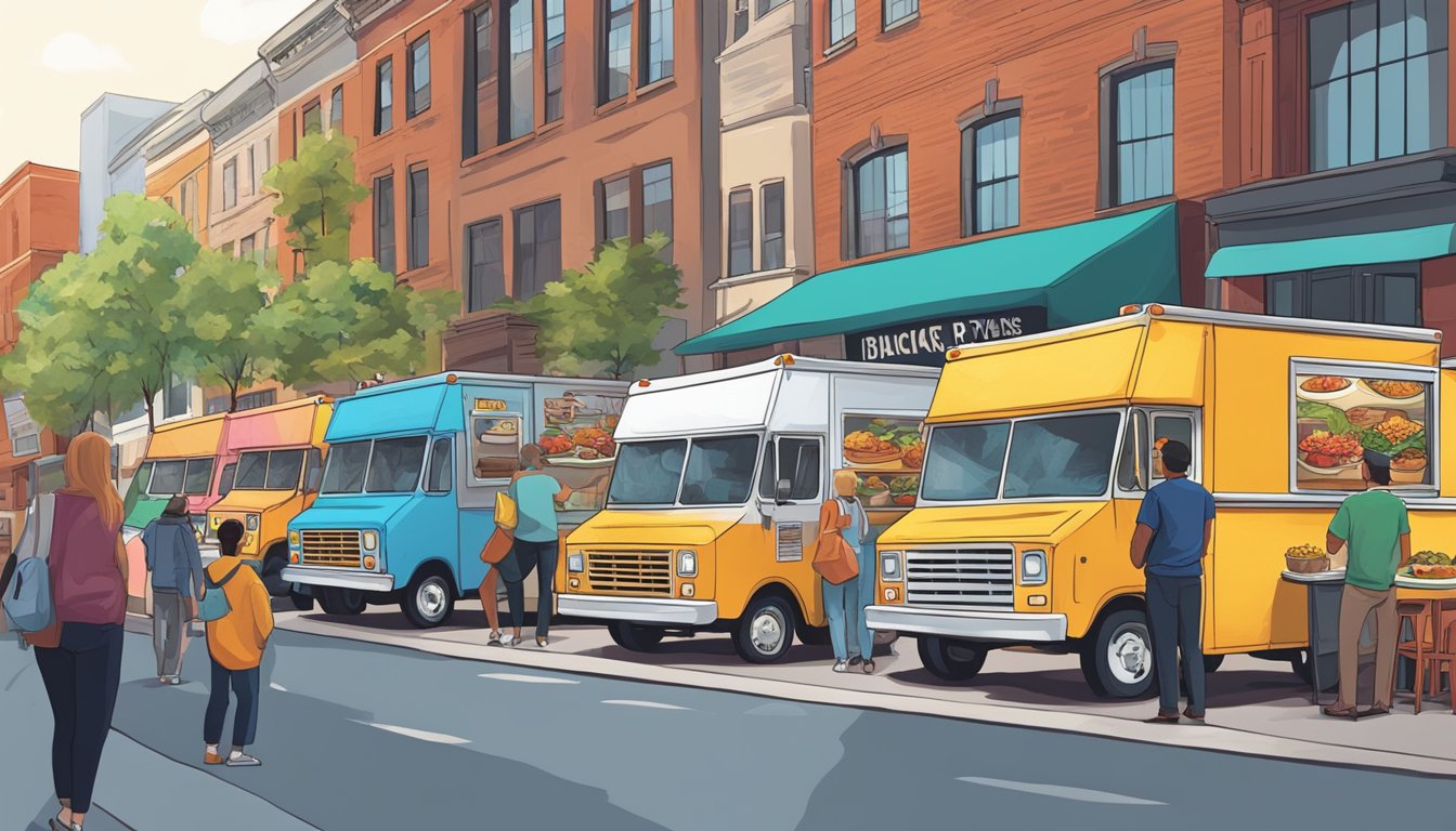 A row of food trucks lined up on a bustling Nashville street, each with a colorful sign displaying their specialty dishes. A city official inspects one truck for compliance with local food truck laws